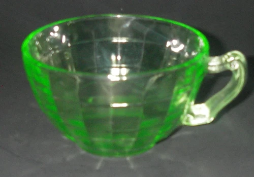 Anchor Hocking Glass BLOCK OPTIC Uranium Green Cup scroll handle Depression