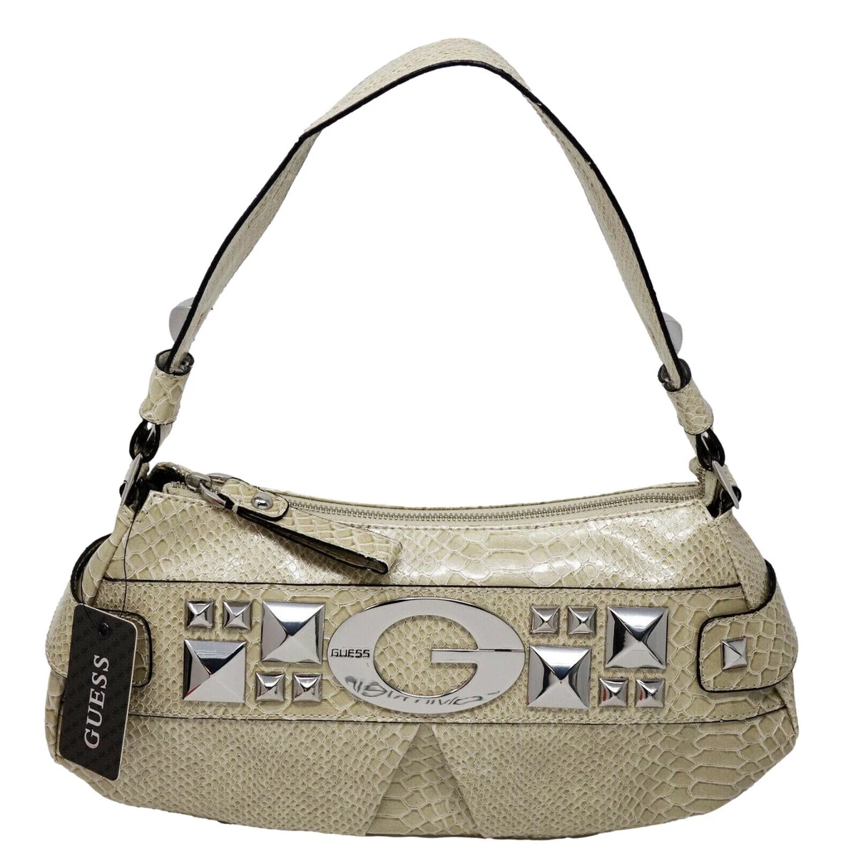 NEW GUESS Women s Ivory Beige Patent Croc Embossed Stud Hobo Bag Purse Handbag