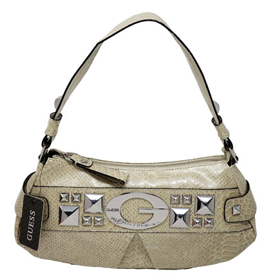 NEW GUESS Women's Ivory Beige Patent Croc-Embossed Stud Hobo Bag Purse  Handbag