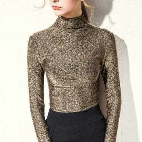 Womens Sheer Thin Glitter Turtleneck Sweater Slim Fit Mesh Tops Tee OL Blouse Sz - Bild 17 von 27