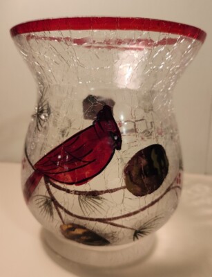 BEAUTIFUL CARDINAL Crackle Glass Candle Holder Home For Christmas 6'' x4.5''
