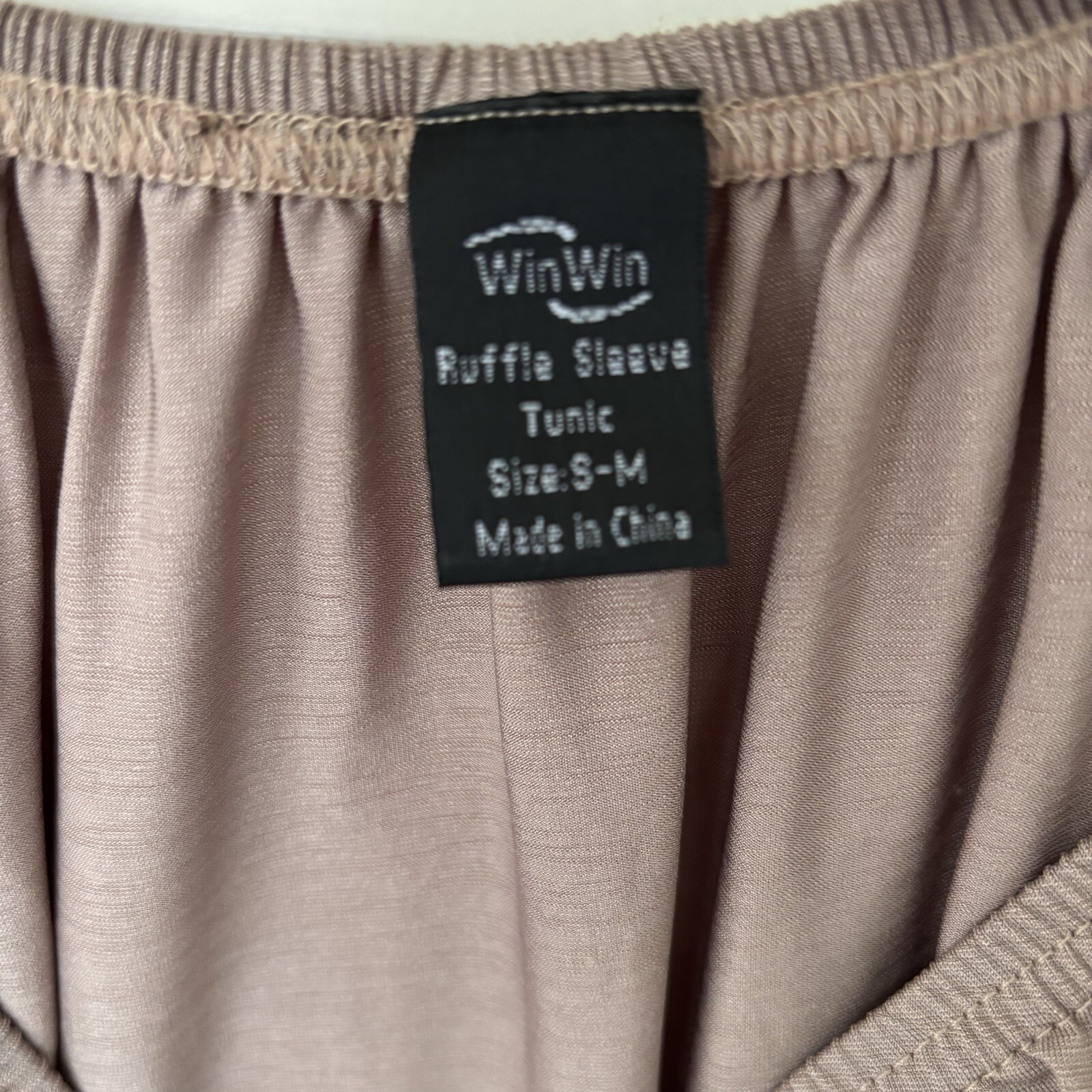 Win Win Tunic Top With Ruffle Lace Bell Sleeves Women’s Size S/M Taupe Office