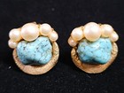 Rare Vtg Trifari Turquoise Blue Glass & Faux Pearl Clip On Earrings SIGNED!