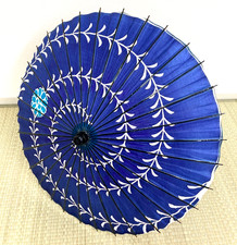 Vintage Japanese Wagasa Umbrella Handmade Paper Bamboo Blue Floral Craft Artizan