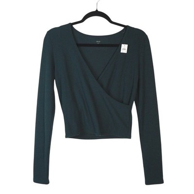 NEW Aerie Womens Waffle Knit Surplice Top Size S Green Yoga Pilates Ballet Core