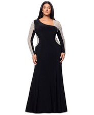 Xscape Black Nude Silver Crystal Asymmetrical Mesh Sleeve Gown Size 18W $309