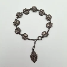 Vintage 7" 925 Sterling Silver Catholic Roses & Saints Reversible Medal Bracelet