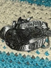 Vintage Biker Belt Buckle Live To Ride Screaming Eagle Banner 1981 Bergamot USA