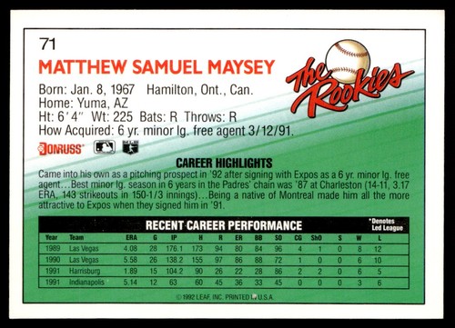 1992 Donruss The Rookies Matt Maysey Rookie Montreal Expos #71 - Picture 2 of 2