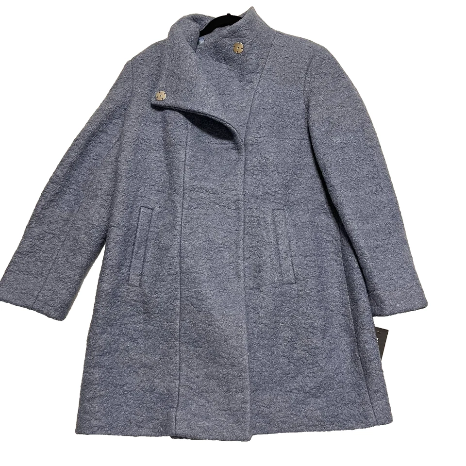 Abrigo Kenneth Cole para mujer M Boucle mezcla de lana azul cuello asimétrico nuevo con etiquetas Foto 3 de 4