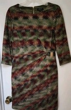 TAHARI Multicolored Sheath Women's Dress Sz 10P Petite 3/4 Sleeve Gold Detail 