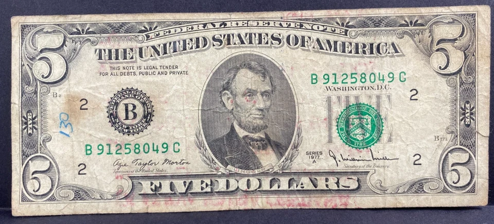 PUERTO RICO., 1977 A, $5.00 Currency Note, c/m LA NUEVA IGLESIA CRISTIANA, circ - Image 2 of 2