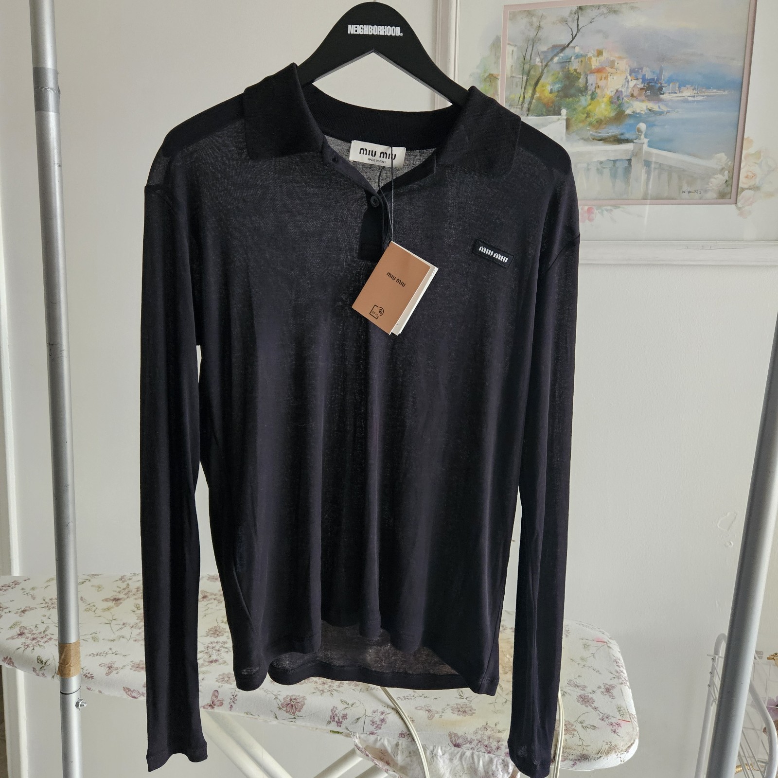 Miu Miu Black Logo Ribbed Jersey Long Sleeve Polo Shirt M