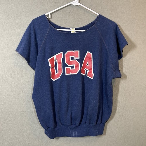 VTG 80s USA Spellout Cropped Raglan Sleeve Crew Adult L Blue Patriotic SOFT