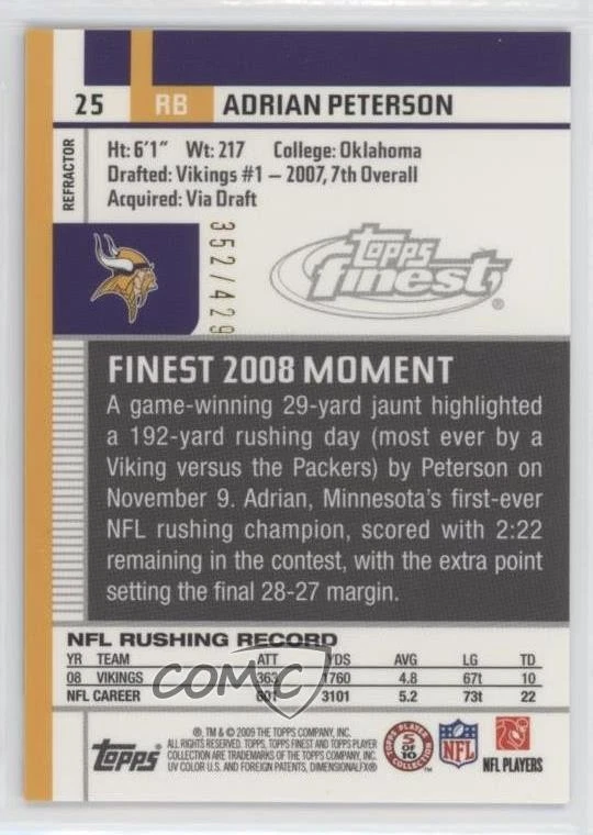 2009 Topps Finest Blue Refractor /429 Adrian Peterson #25 - Image 2 of 2