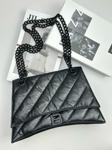 Balenciaga Crush Medium All Black Wrinkled Calf Leather Shoulder Crossbody Bag D