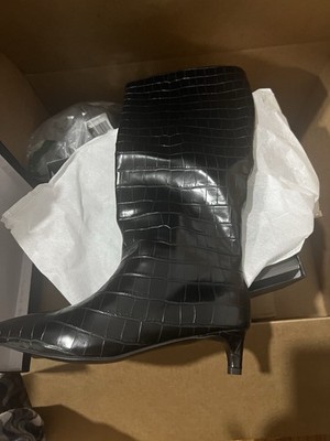 COMJUY Black Crocodile Embossed Mid-Calf Bootie Pointed Toe Kitten Heel Size 8
