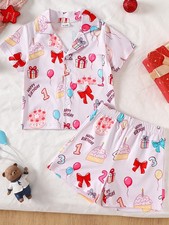 Birthday Cake Print Shirt and Shorts Pajama Set