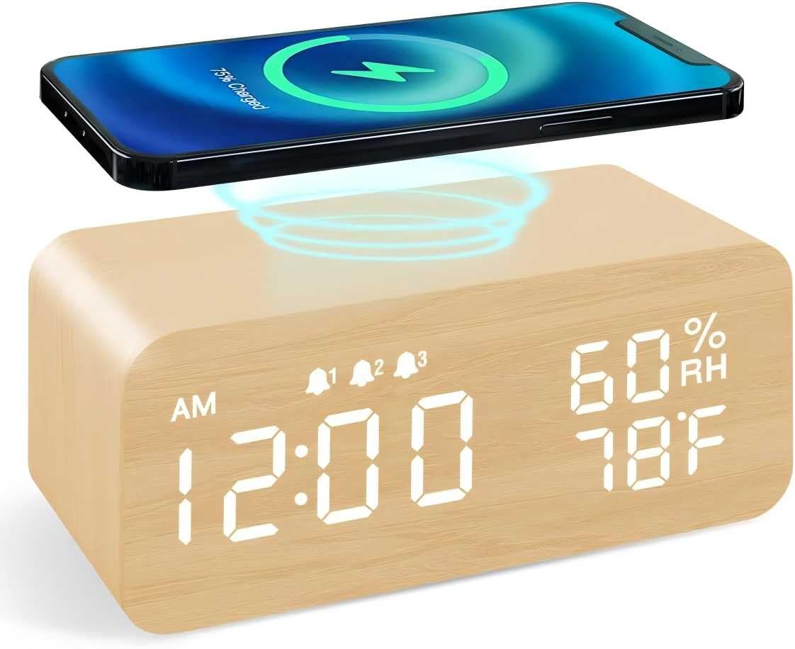 Multi Functional LED Wooden Alarm Clock with USB Charging in 12/24 Hour Format