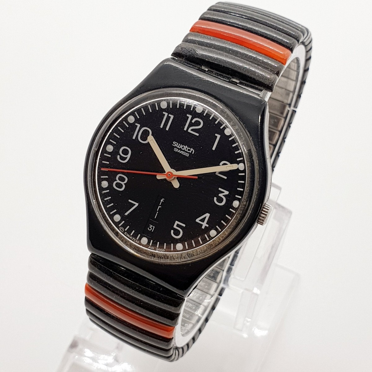 2003 Black and Red Swiss Made Swatch Watch, Vintage Day Date Swiss