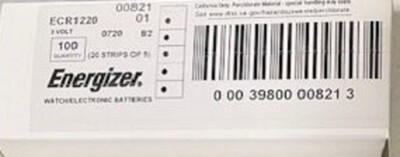 Energizer CR1220 40mAh 3V Lithium LiMnO2 (100 BATTERIES) EXP. 2034