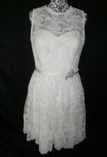 Forever Yours Wedding Short Dress 10 Ivory Lace Illusion Satin Belt Crystal Pin