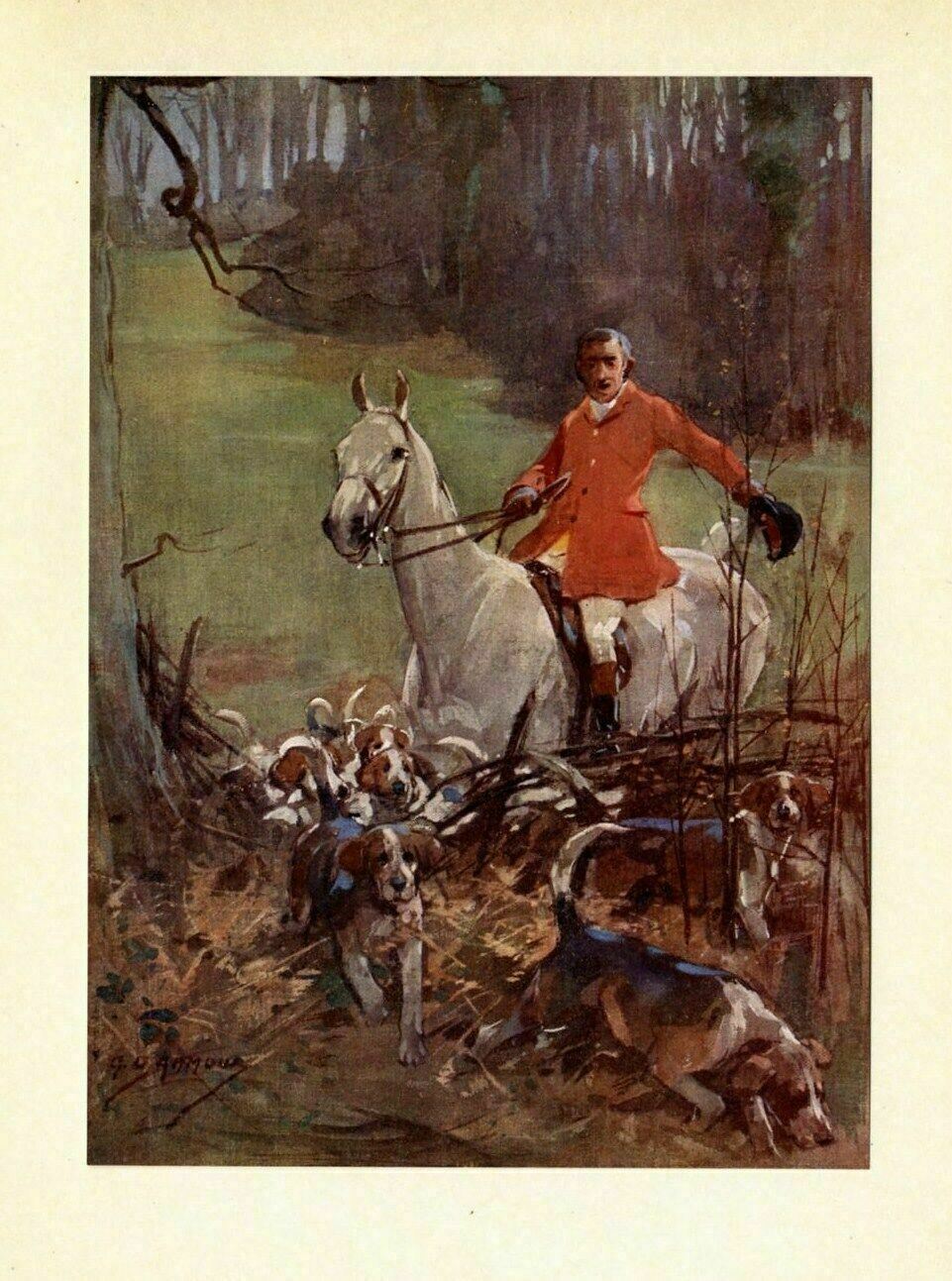 Hunting Fox With Hounds, Foxhounds Jumping The Fence, Hunter On Horseback, Dog
