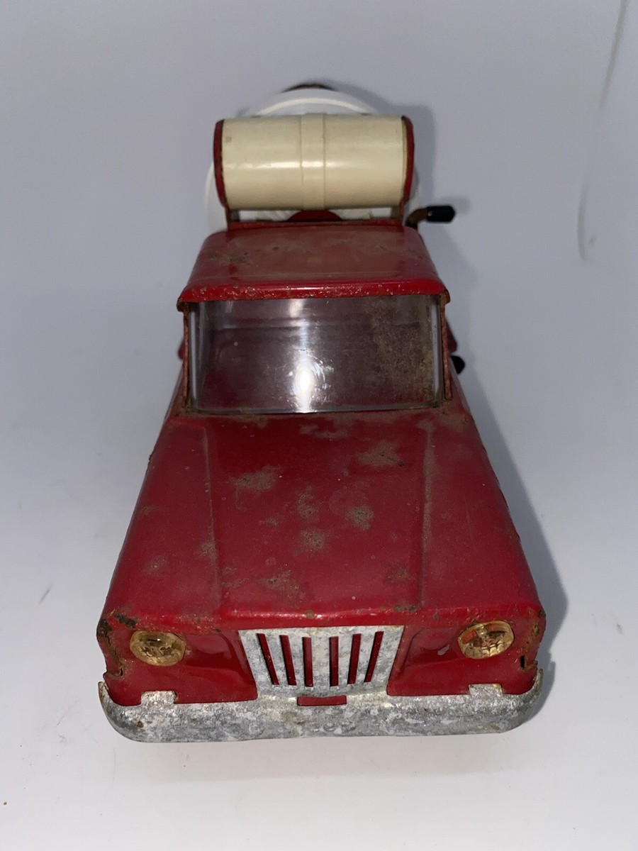 Vintage Tonka Jeep Cement Mixer Truck Red Steel Tilt Works Spins