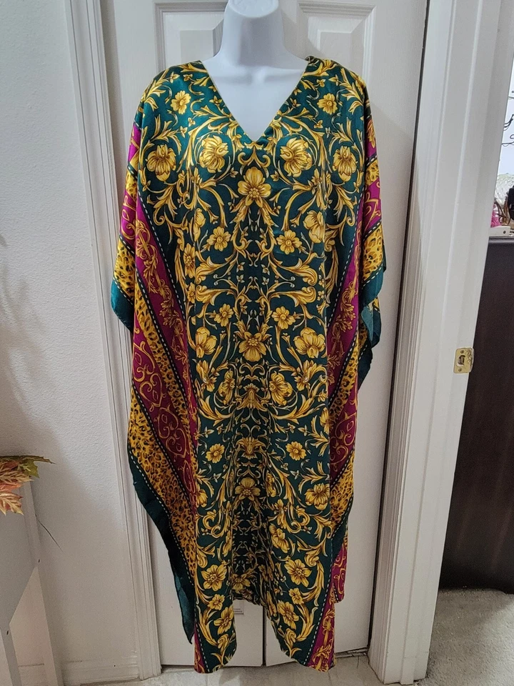 Winlar satinado caftán cachemira floral rojo dorado para mujer talla única Foto 3 de 4