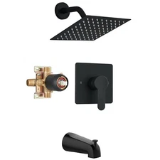 Black Tub Shower Faucet Set Mixer Valve with 8in Rain Shower Head and Tub Spout