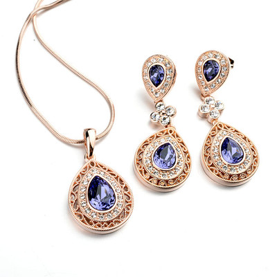  18K ROSE GOLD/P & GENUINE AUSTRIAN CRYSTAL & CZ PURPLE  NECKLACE & EARRING SET 