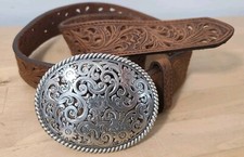 Vtg TONY LAMA Tooled Cutout Brown Belt Size 32 w/Buckle          L3 