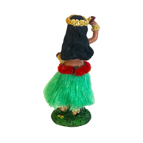 Hawaiian Hula Girl with Flower Hand Painted Dashboard Doll 6.5" (Green Skirt) - Picture 3 of 3