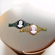 2 VINTAGE CAMEO GOLD/SILVER TONE METAL HAIR BARRETTES UP DO HAIR ACCESSORIES