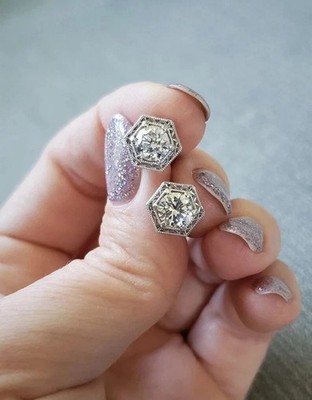 Art Deco Style Round Cut Lab Created Diamond 14K White Gold Finish Stud Earrings