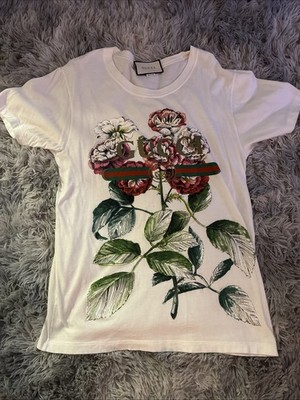 Gucci- Made In Italy-Unisex Floral GG Logo White T-Shirt Size XS