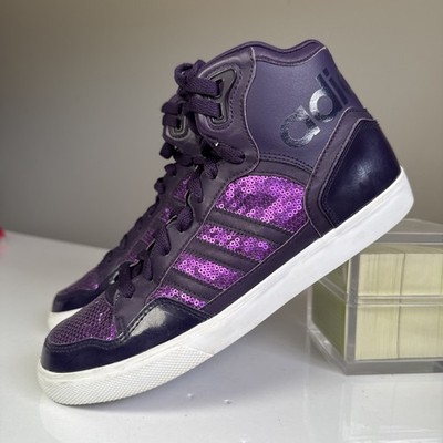 Adidas Extaball High Top Sneakers Womens Shoes US 8 Dark Violet Sequins White