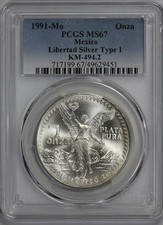 1991- Mo Mexico 1oz Silver Libertad Onza PCGS MS 67  Type 1