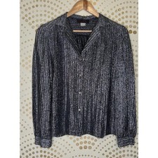Vintage 70s Black Silver Sparkle Lurex Button Up Blouse SMALL Whimsygoth