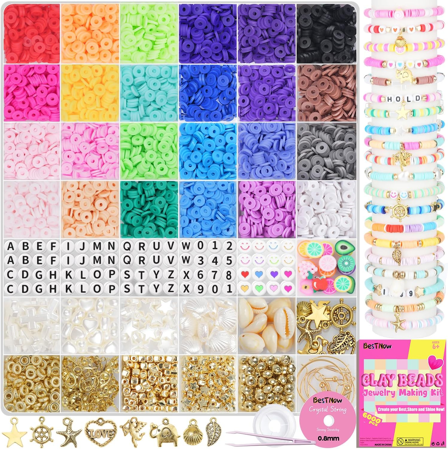 6000 Pcs Flat Preppy Clay Beads Bracelet Making Kit for DIY Friendship Jewelry