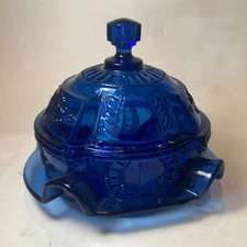 Imperial Glass Medallion Blue Vintage Covered Candy Dish & Lid
