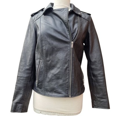 Neuwertige Samt schwarze Leder Biker Jacke Damen UK 10 Moto Zip Motorrad Mantel