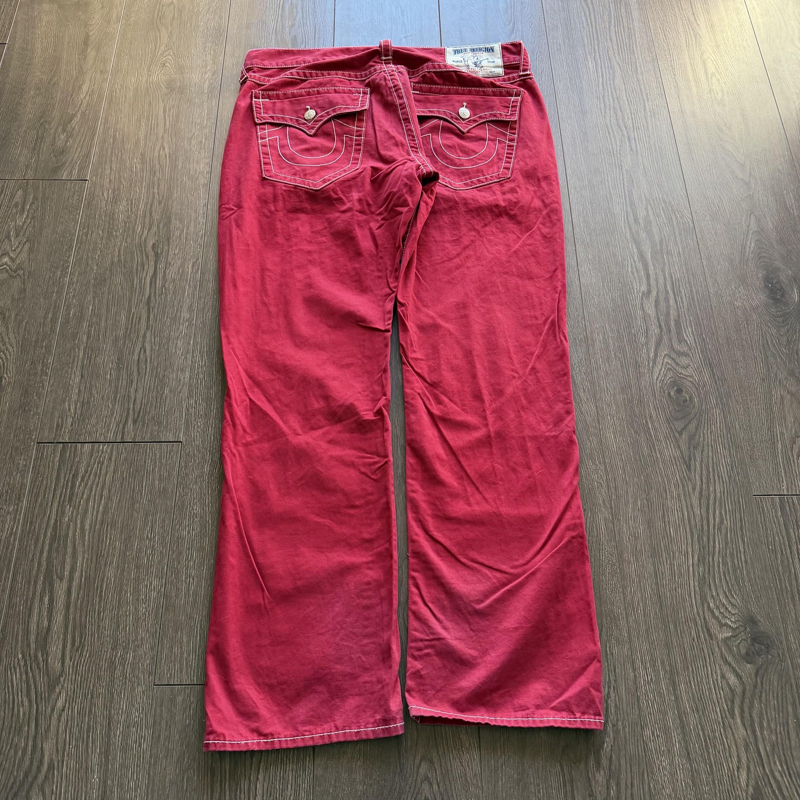 Y2K True Religion Jeans Mens 38x32 Red Straight Leg Flap Pocket Denim Pants thumbnail 3
