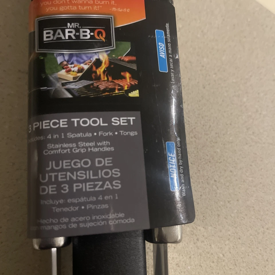 Mr. Bar-B-Q Juego de herramientas para barbacoa de pie de cabra de 3 piezas Espátula Pinzas Horquilla Manijas elevadas Nuevo Foto 3 de 4