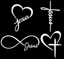 Jesus Decals 4 Pack: Jesus Heart, Cross, Infinity, Cross Heart Large 5", Whi...