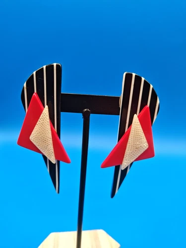 VTG Art Deco Unique Bakelite MCM Clip On Earrings Red Black White Jewelry