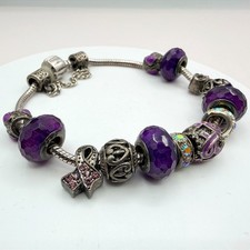 Vintage Silver  Tone Charm Bracelet Purple Faceted Beads Y2K 90s Style Statement