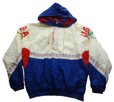 Starter L USA Olympics 1/4 Zip Pullover Flag Jacket 90s VTG Nylon Hood Team Ring