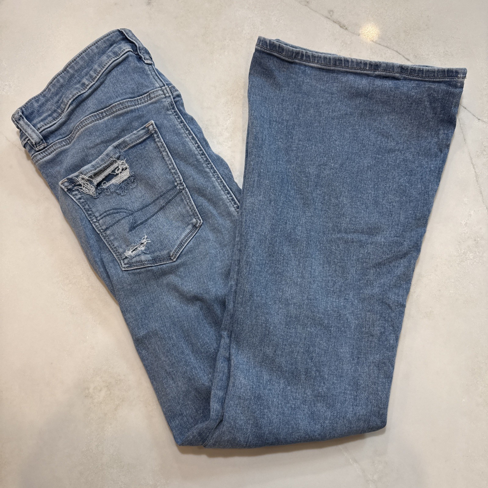 American Eagle Women’s Jeans 6 Short High Rise Distressed Flare 90s Grunge Blue
