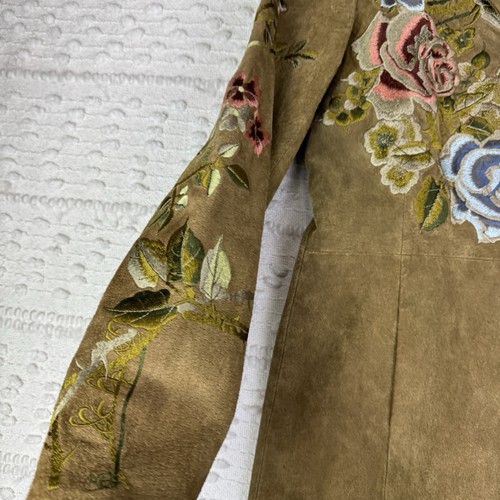 Abrigo para mujer Margaret Godfrey talla 6 gamuza cuero caqui floral pájaro bordado - Imagen 8 de 22